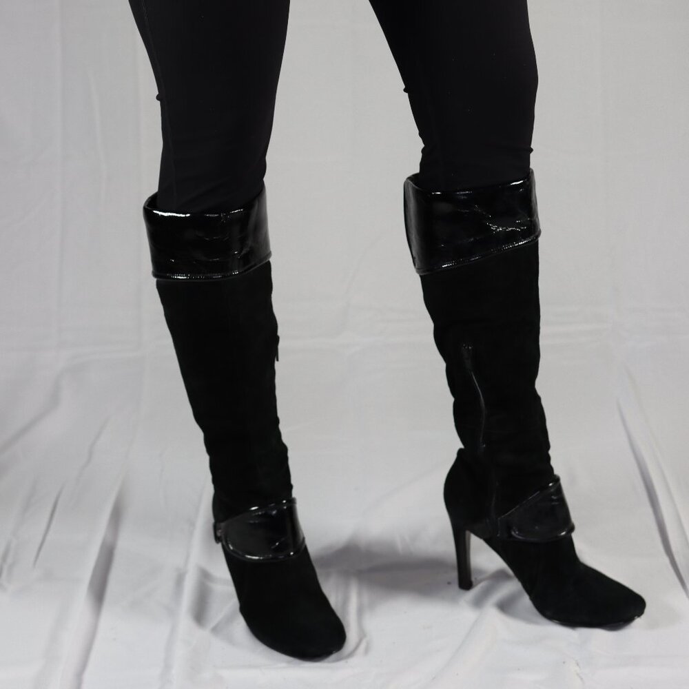Nine West "TUBBS" Black Suede and Black Patent Spike Heel Boots 6-1/2